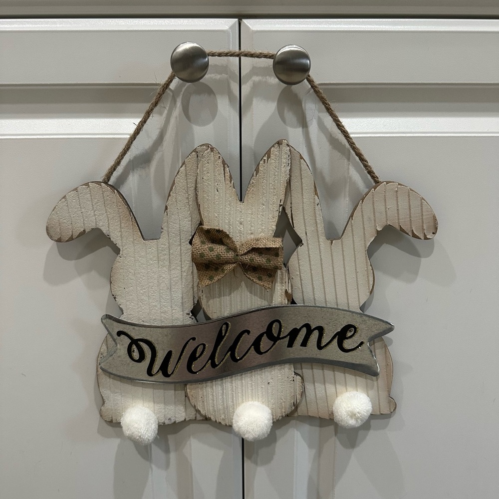 Hanging Rabbit Welcome Sign, Bunny Easter Decor, Spring - Picture 2 of 5